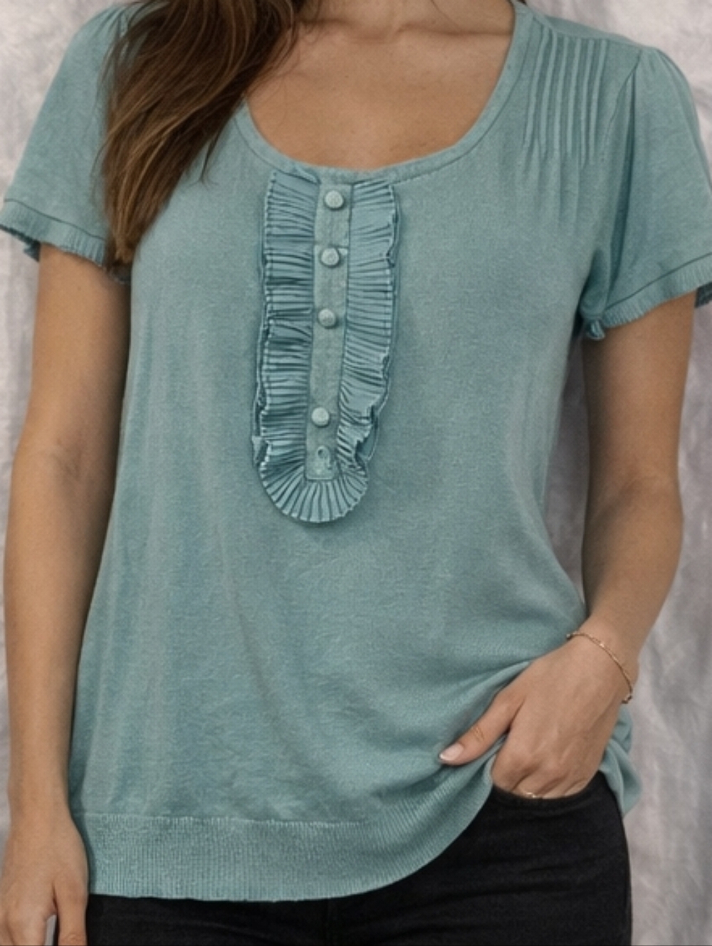 Apt. 9 Teal Ruffle Button Short Sleeve Top # 218